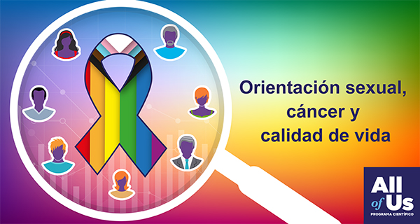 Orientación sexual, cáncer y calidad de vida. Una ilustración de una lupa, una cinta con los colores del arcoíris y 7 personas. Logotipo del Programa Científico All of Us.